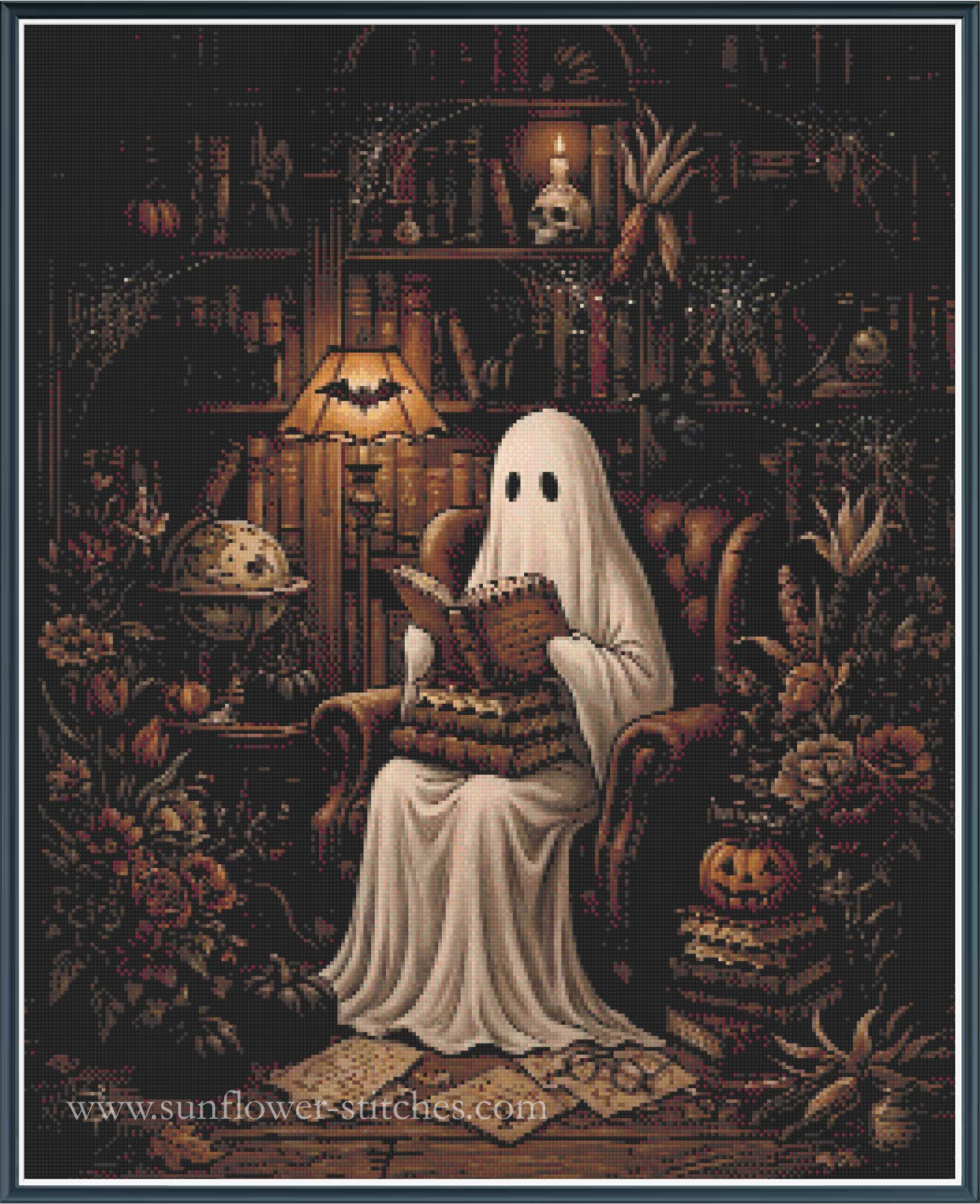 A vintage-style Halloween full coverage cross stitch showing a ghost in a white sheet sitting in a dark armchair and reading a book, surrounded by pumpkins, flowers, shelves, and candles in a cozy, spooky room.