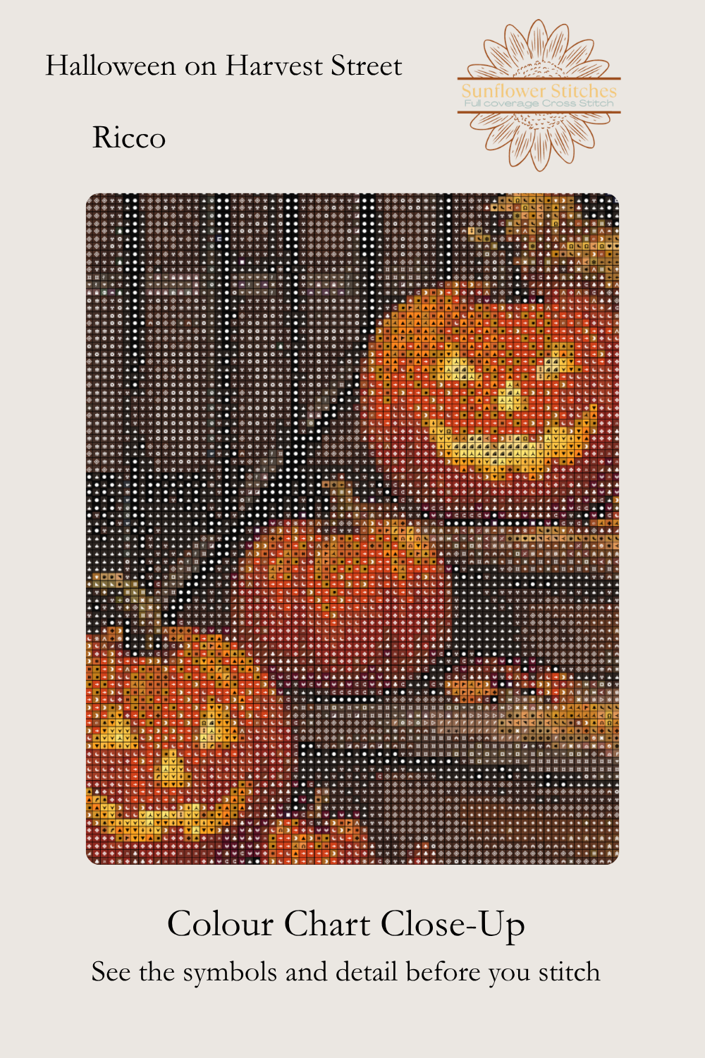 Halloween on Harvest Street cross stitch colour chart symbol preview showing counted stitched grid detail of jack-o'-lantern pumpkins, Sunflower Stitches.