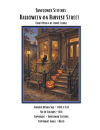 Halloween on Harvest Street cross stitch pattern cover sheet preview showing design specifications and finished size details, Sunflower Stitches.