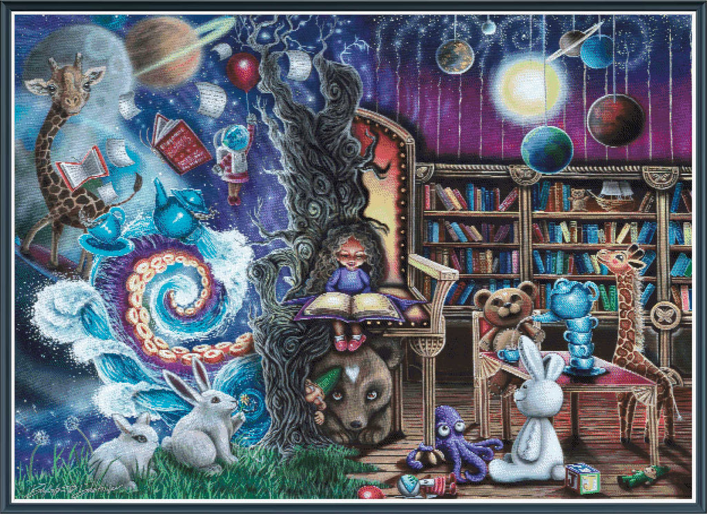 Colorful children's illustration with a child in a chair surrounded by animals and books in a fantasy setting.