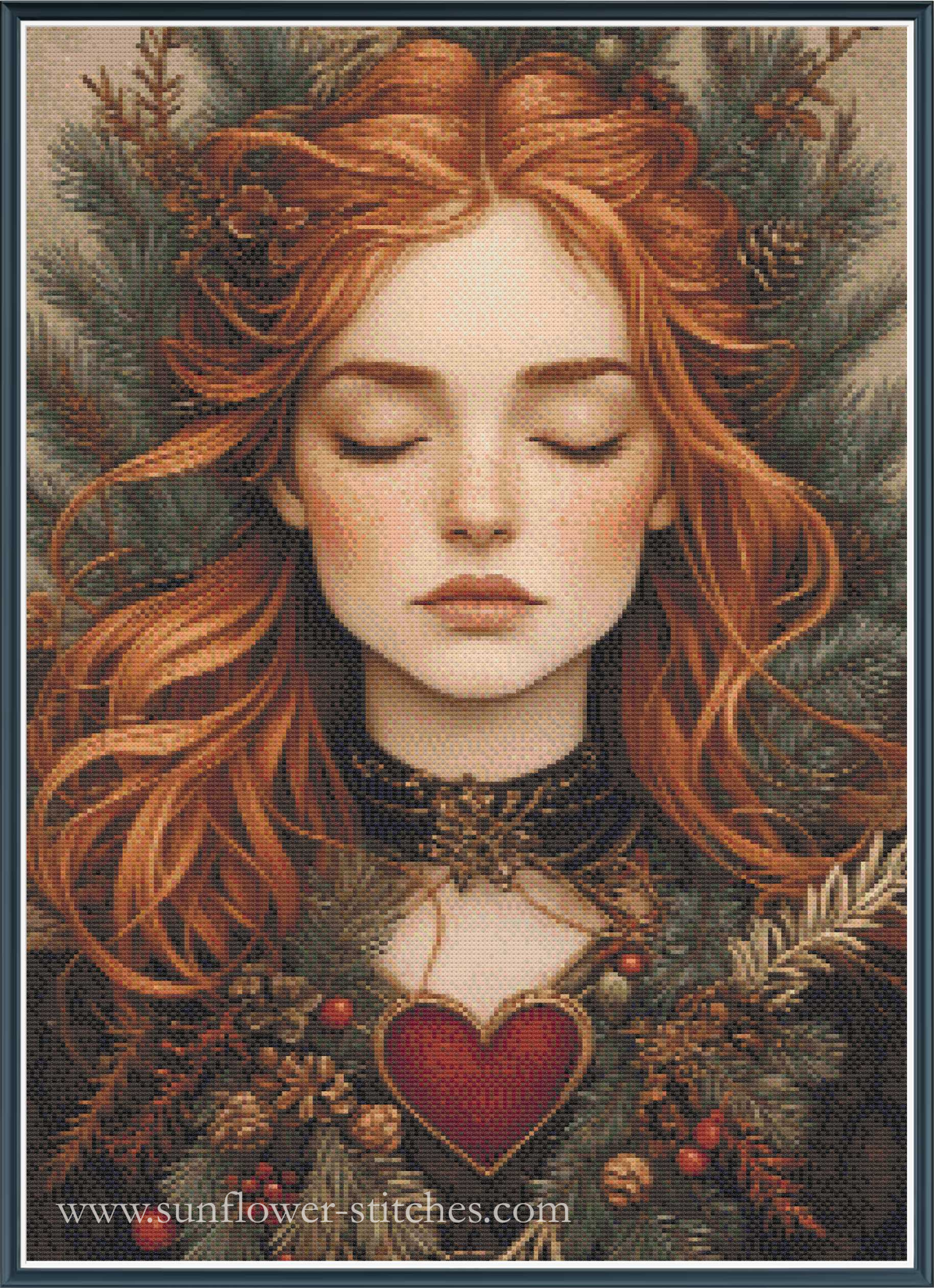 A cross-stitch artwork featuring a serene woman with closed eyes, long wavy red hair, and a dark choker, surrounded by evergreen branches, pinecones, and a red heart motif. 
