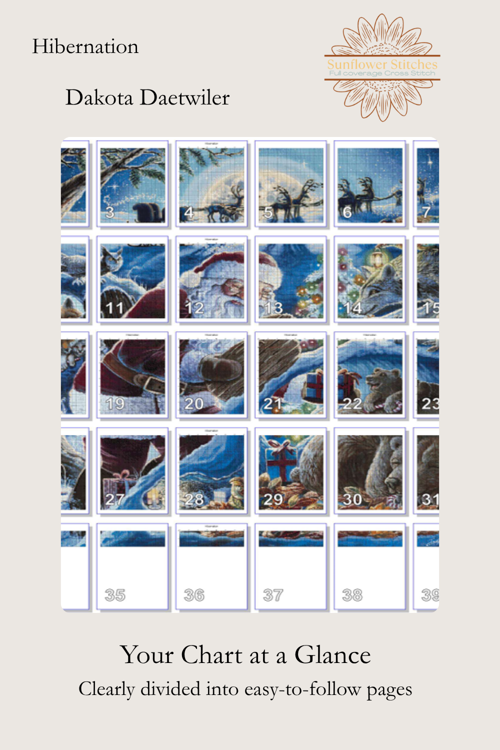 Page map for the Hibernation counted cross-stitch chart by Sunflower Stitches, featuring artwork by Dakota Daetwiler. Shows how the full pattern is divided into a grid of easy-to-follow numbered pages.
