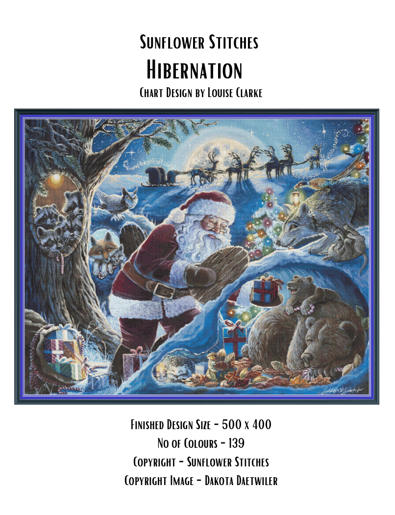 Cover for Hibernation counted cross-stitch pattern by Sunflower Stitches. Features a winter scene of Santa Claus, bears, wolves, and a reindeer team under a full moon. Original artwork by Dakota Daetwiler. Finished size 500x400 stitches.