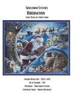 Cover for Hibernation counted cross-stitch pattern by Sunflower Stitches. Features a winter scene of Santa Claus, bears, wolves, and a reindeer team under a full moon. Original artwork by Dakota Daetwiler. Finished size 500x400 stitches.