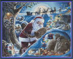 Hibernation cross stitch pattern mockup featuring Santa Claus bringing firewood to hibernating bears surrounded by woodland animals under a moonlit sky, artwork by Dakota Daetwiler.