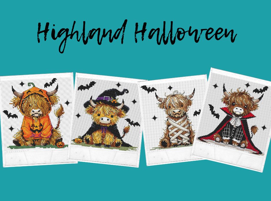 Three cross-stitch pattern previews titled 'Highland Halloween' on a teal background, showing four cute Highland cow characters dressed in Halloween costumes. The website 'www.