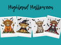 Three cross-stitch pattern previews titled 'Highland Halloween' on a teal background, showing four cute Highland cow characters dressed in Halloween costumes. The website 'www.