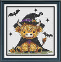 Witch Highland cow Halloween counted cross-stitch pattern PDF featuring a cute cow in a witch hat and cape with bats and stars, by Sunflower Stitches.
