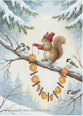 Hold This cross stitch pattern mock-up, showing a squirrel hanging a festive garland beside birds in snow, Sunflower Stitches.
