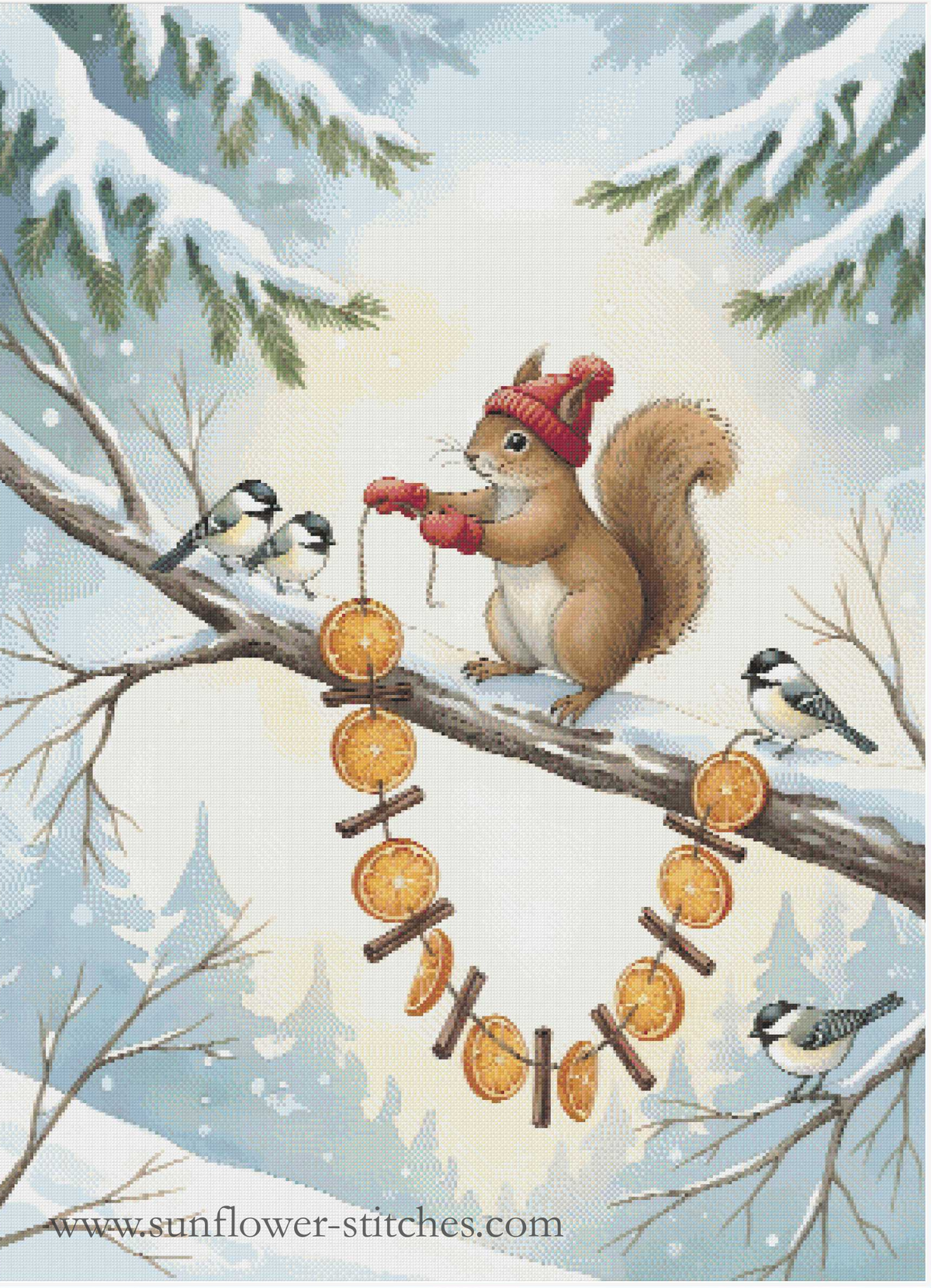A winter woodland illustration showing a brown squirrel in a red knit hat and red mittens hanging orange slices on a branch, with small birds around it in a snowy forest scene.