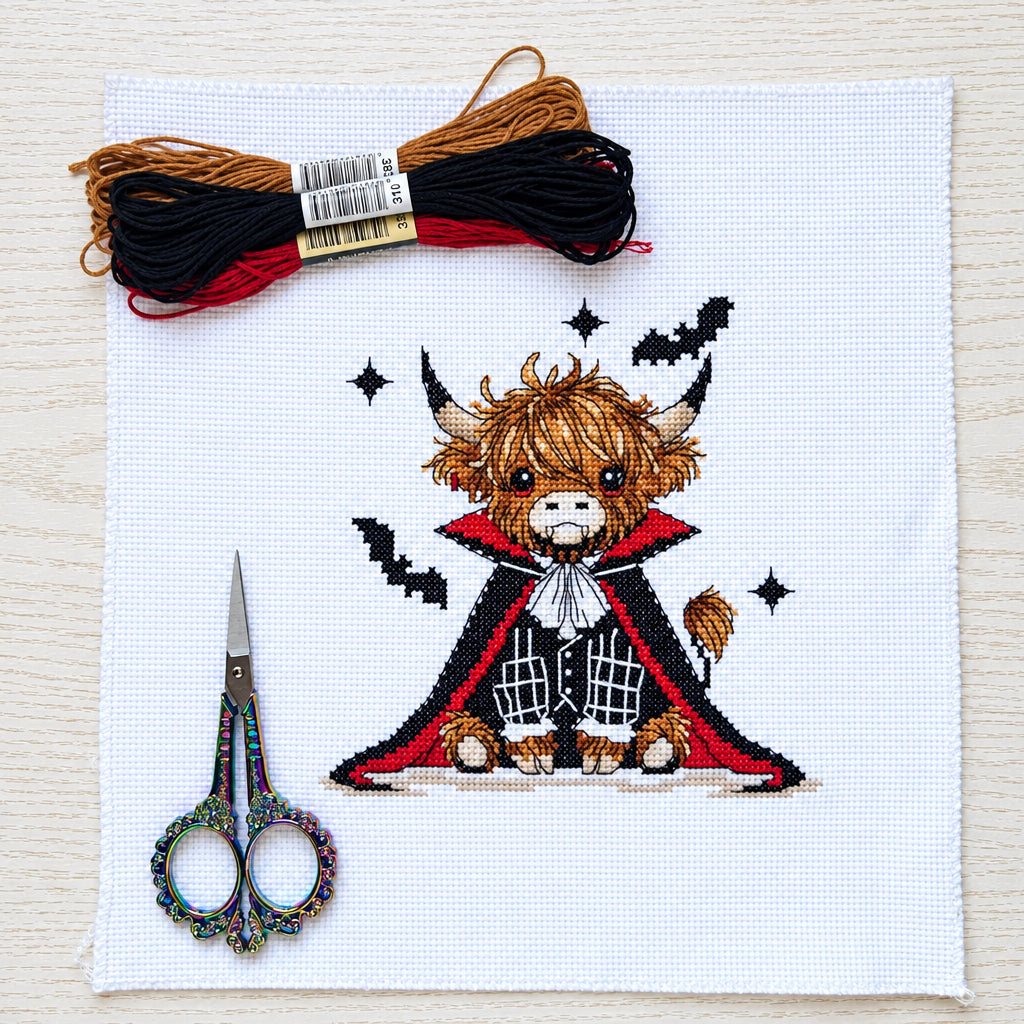 A cross-stitch kit laid out on a white fabric square, featuring a finished stitched design of a cute Highland cow dressed as a vampire, a bundle of embroidery floss in black and brown, and a pair of embroidery scissors on a light wood background.