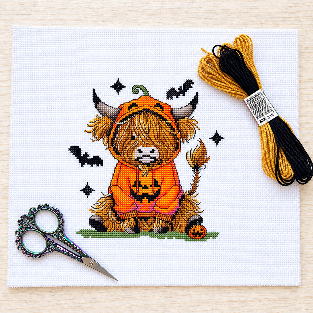 A completed cross-stitch design of a cute Highland cow in a pumpkin costume, displayed on a white fabric square alongside embroidery floss, scissors, and a thread spool on a light wood background.