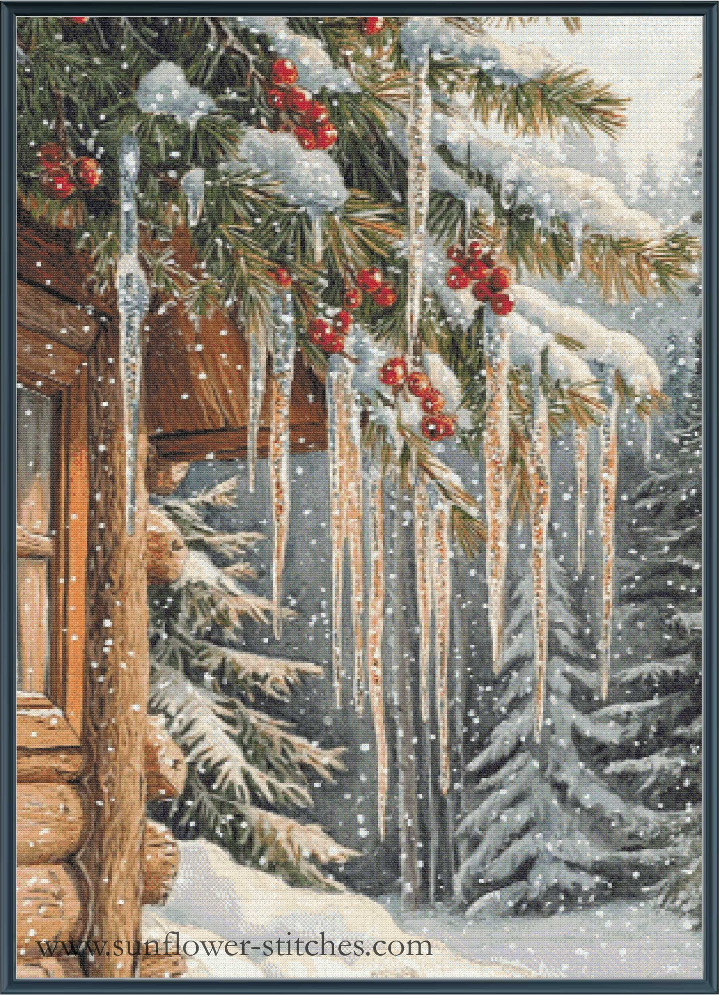 A cross stitch canvas design featuring a snowy winter forest scene with pine branches, icicles, red berries, and a log cabin window. 