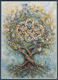 Stamped cross stitch mockup of a  tree with braided trunk and intertwined branches, surrounded by flowers on a textured background.