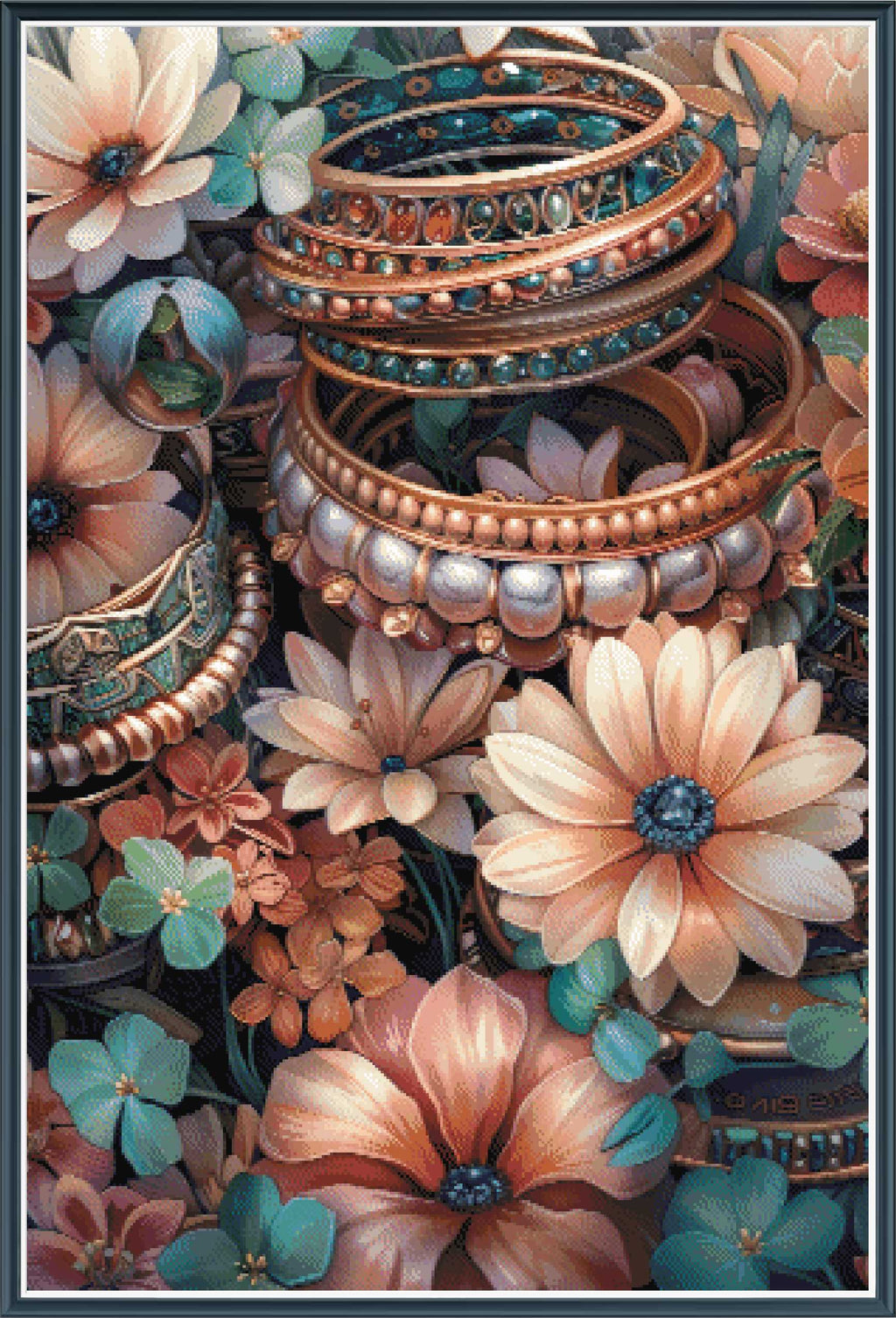 A dense arrangement of ornate metallic bangles and rings surrounded by large peach flowers and teal leaves in a decorative, painterly composition.
