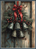 Stamped cross stitch design of a Decorative Christmas scene with bells, pine cones, and a red ribbon on a wooden background