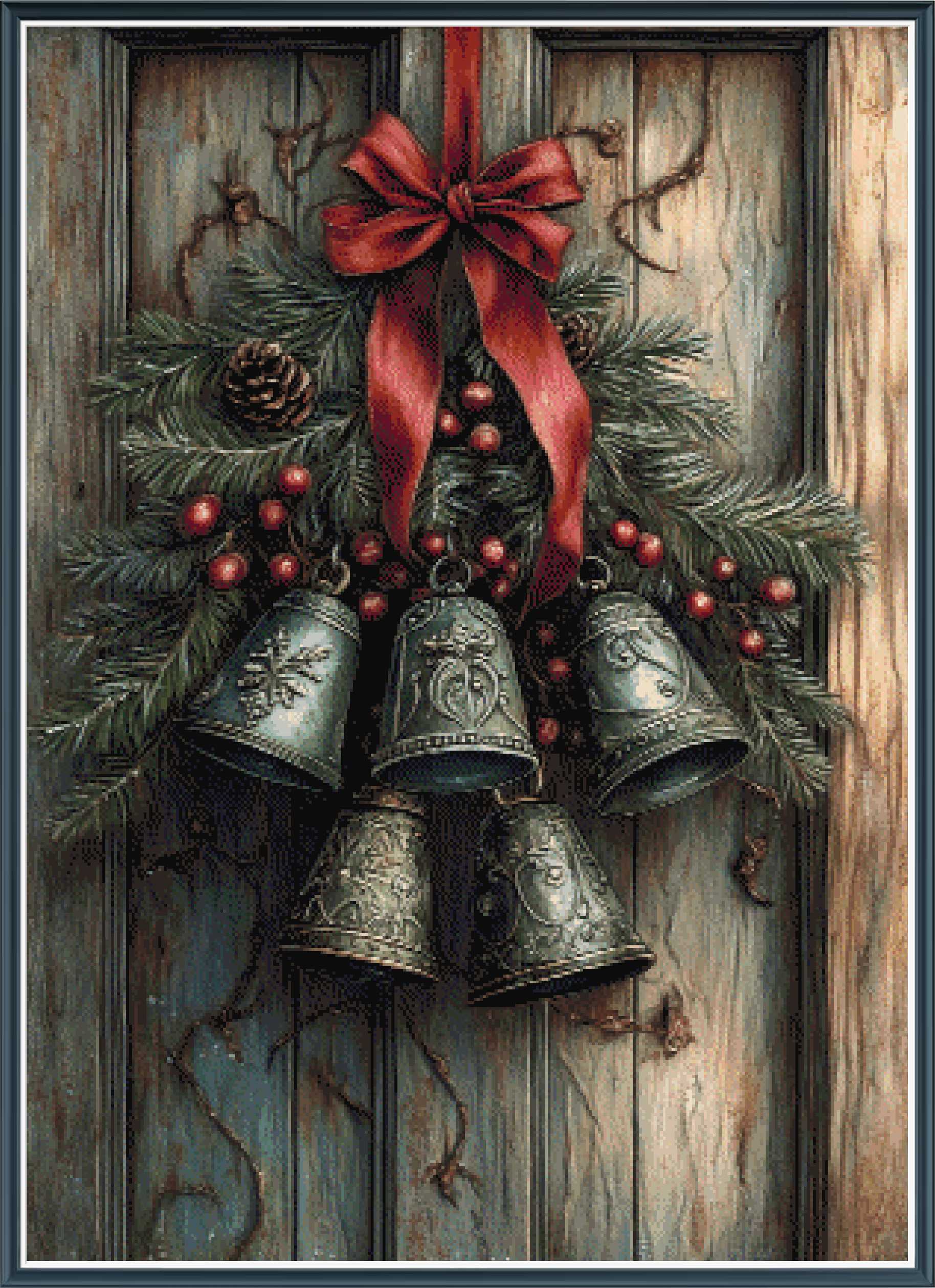 Stamped cross stitch design of a Decorative Christmas scene with bells, pine cones, and a red ribbon on a wooden background