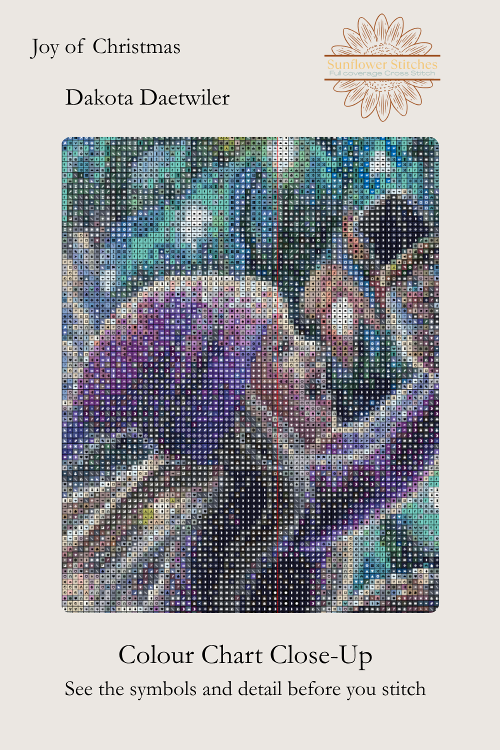 Joy of Christmas cross stitch colour chart symbol preview showing counted stitched grid detail of a child's face and purple hat, Sunflower Stitches.
