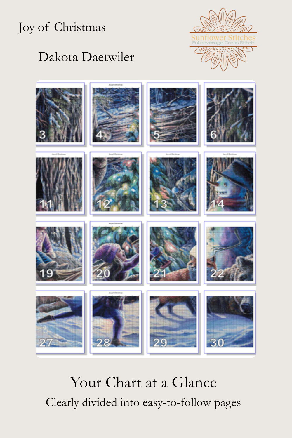 Joy of Christmas cross stitch pattern page map layout showing numbered chart section grid, Sunflower Stitches.