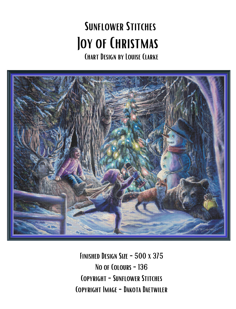 Joy of Christmas cross stitch pattern cover sheet preview showing design specifications and finished size details, Sunflower Stitches