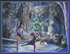 Joy of Christmas cross stitch pattern mockup featuring joyful children, woodland animals, and a snowman gathered around a glowing Christmas tree in a snowy forest, artwork by Dakota Daetwiler.