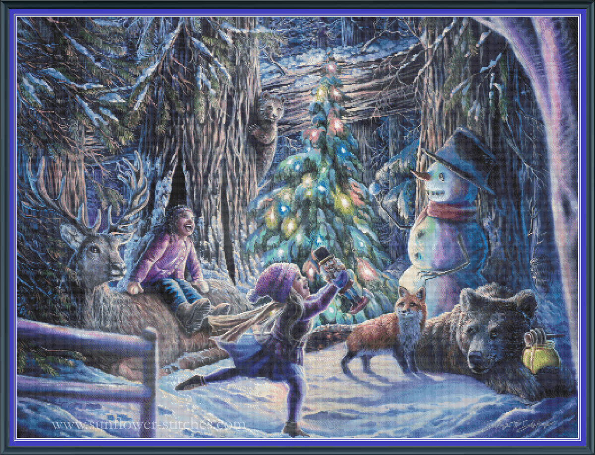 Joy of Christmas cross stitch pattern mockup featuring joyful children, woodland animals, and a snowman gathered around a glowing Christmas tree in a snowy forest, artwork by Dakota Daetwiler.