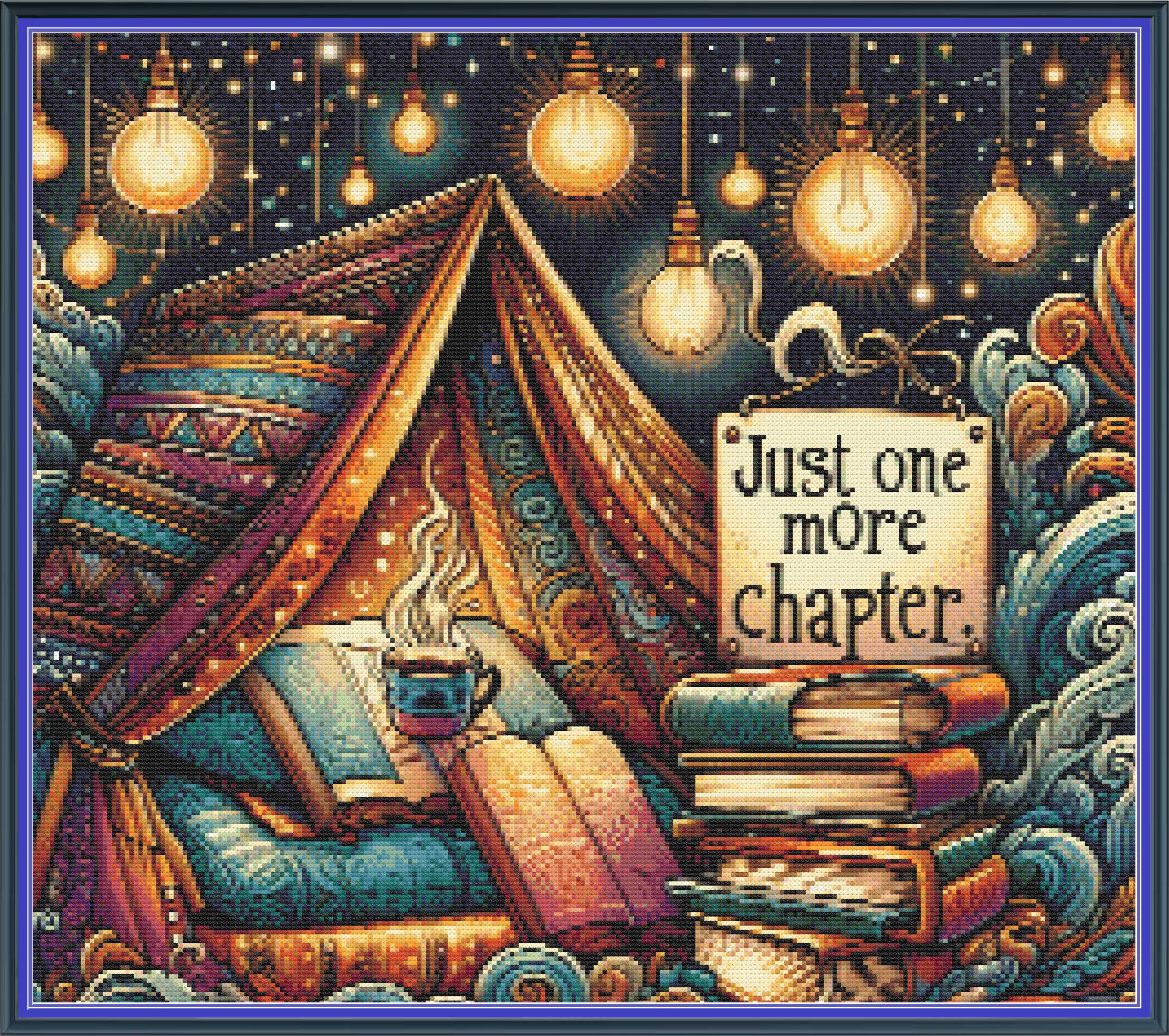 Boho-style illustrated bookish scene with a patterned tent, hanging light bulbs, open books, a steaming mug, and a sign reading 'Just one more chapter.'.