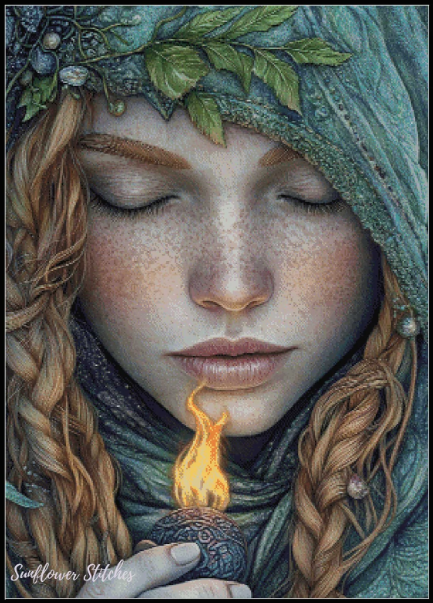 Artistic depiction of a person with braided hair holding a lit candle, wearing a green headscarf and leafy crown.