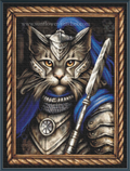 A framed cross stitch portrait of a cat dressed as an armored knight, holding a spear. The artwork shows a gray cat with orange eyes, silver armor, a blue cape, and a dark background, all enclosed in a decorative rope-style frame.