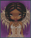 A stylized fantasy portrait of a young woman with dark hair, large expressive eyes, white feathered wings, and a white lace dress against a purple background.