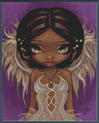 A stylized fantasy portrait of a young woman with dark hair, large expressive eyes, white feathered wings, and a white lace dress against a purple background.