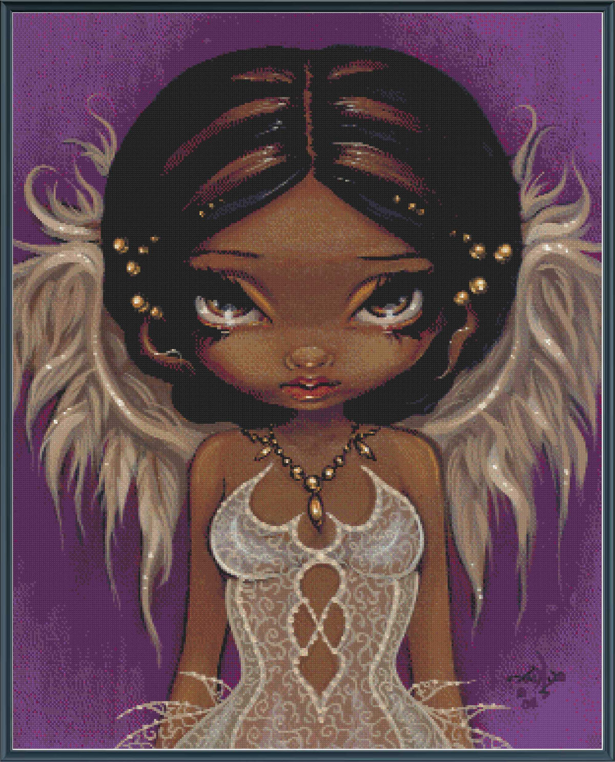 A stylized fantasy portrait of a young woman with dark hair, large expressive eyes, white feathered wings, and a white lace dress against a purple background.