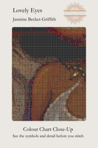A close-up colour chart and detail preview for the cross stitch pattern 'Lovely Eyes' by Jasmine Becket-Griffith. The image features a diamond-patterned mosaic of brown, beige, black, and white stitches, with the title and author name printed on a light beige background.