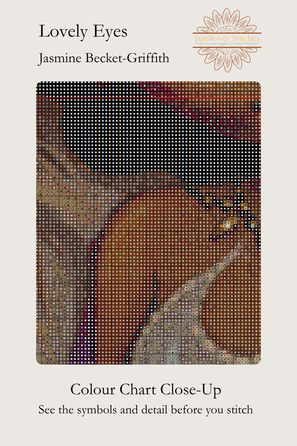 A close-up colour chart and detail preview for the cross stitch pattern 'Lovely Eyes' by Jasmine Becket-Griffith. The image features a diamond-patterned mosaic of brown, beige, black, and white stitches, with the title and author name printed on a light beige background.