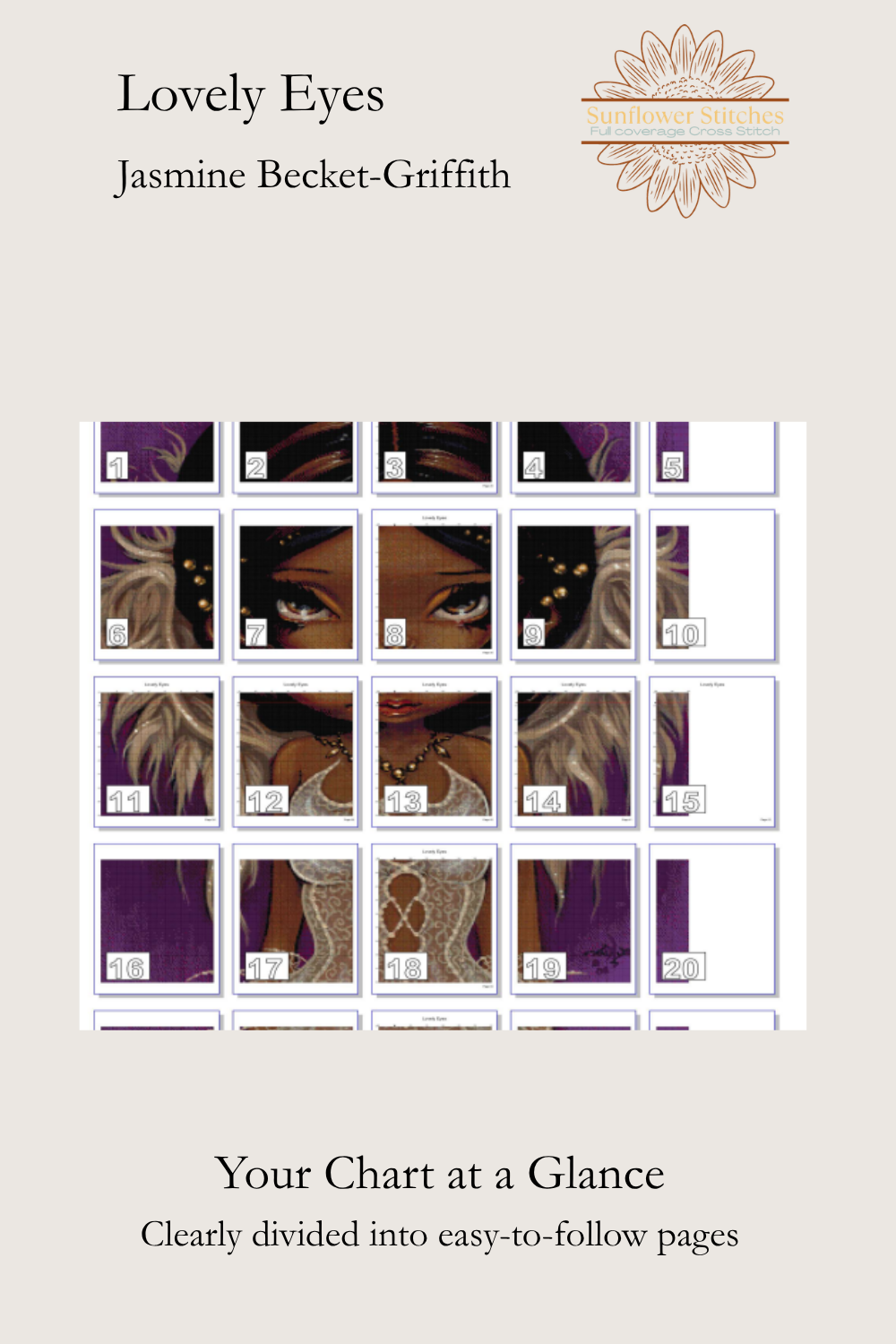 Promotional graphic for a 'Lovely Eyes' character cross stitch chart by Jasmine Becket-Griffith, showing a preview of the page map and text highlighting its easy-to-follow pages.