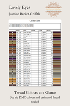 A DMC thread color reference chart titled 'Lovely Eyes' by Jasmine Beckett-Griffith, featuring a grid of thread samples with color names and estimated thread counts, on a light gray background with 'Sunflower Stitches' branding.