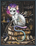 A fantasy cross stitch of a small white fairy-like mouse with pink ears, large eyes, and pastel wings, sitting on a stack of old books in a dark study. The mouse has a long pastel tail in purple, blue, and green tones.