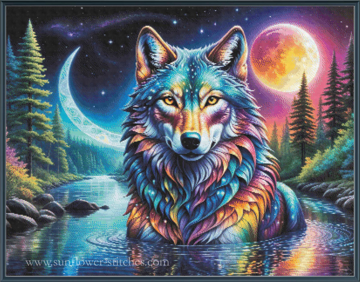 A colorful fantasy-style cross stitch of a wolf standing in water at night, with a glowing full moon and crescent moon in the background, trees on both sides.