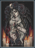 Gothic cross-stitch pattern featuring a pale woman with skull face paint, black roses in her hair, skeletal wings, holding a key, surrounded by burning candles on a dark background.