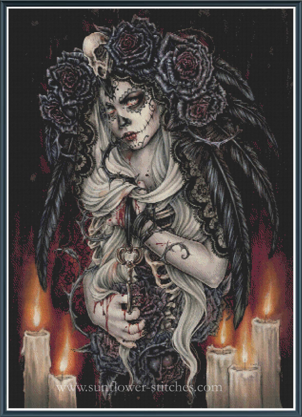 Gothic cross-stitch pattern featuring a pale woman with skull face paint, black roses in her hair, skeletal wings, holding a key, surrounded by burning candles on a dark background.