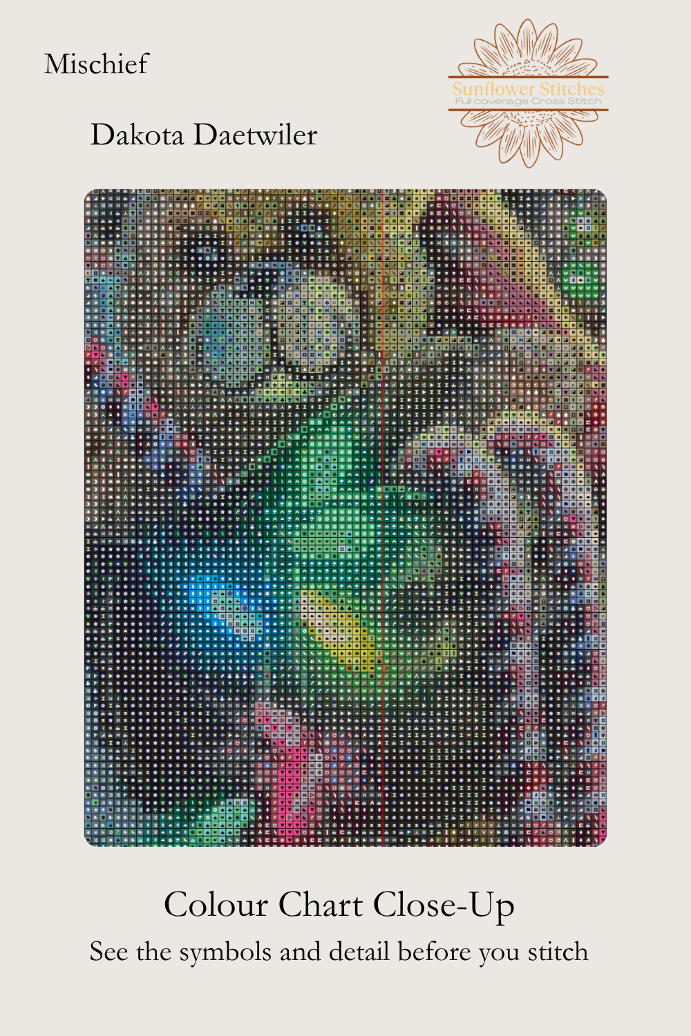 Mischief cross stitch colour chart symbol preview showing counted stitched grid detail of a teddy bear and candy canes, Sunflower Stitches.
