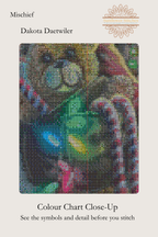 Mischief cross stitch colour chart symbol preview showing counted stitched grid detail of a teddy bear and candy canes, Sunflower Stitches.