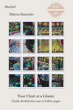 Page map layout for the Mischief counted cross stitch pattern by Sunflower Stitches, featuring artwork by Dakota Daetwiler. Shows the numbered chart section grid.