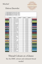 Mischief cross stitch DMC floss list preview showing thread colour codes and estimated usage, Sunflower Stitches.