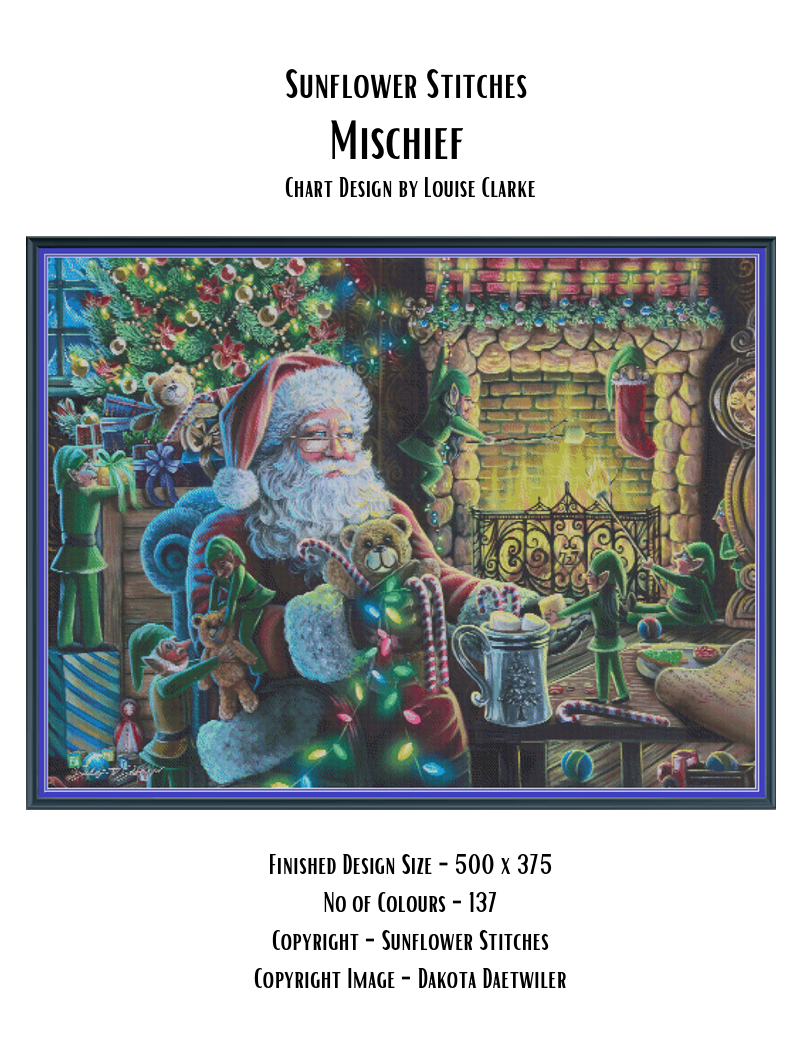 Mischief cross stitch pattern cover sheet preview showing design specifications and finished size details, Sunflower Stitches.