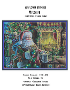 Mischief cross stitch pattern cover sheet preview showing design specifications and finished size details, Sunflower Stitches.