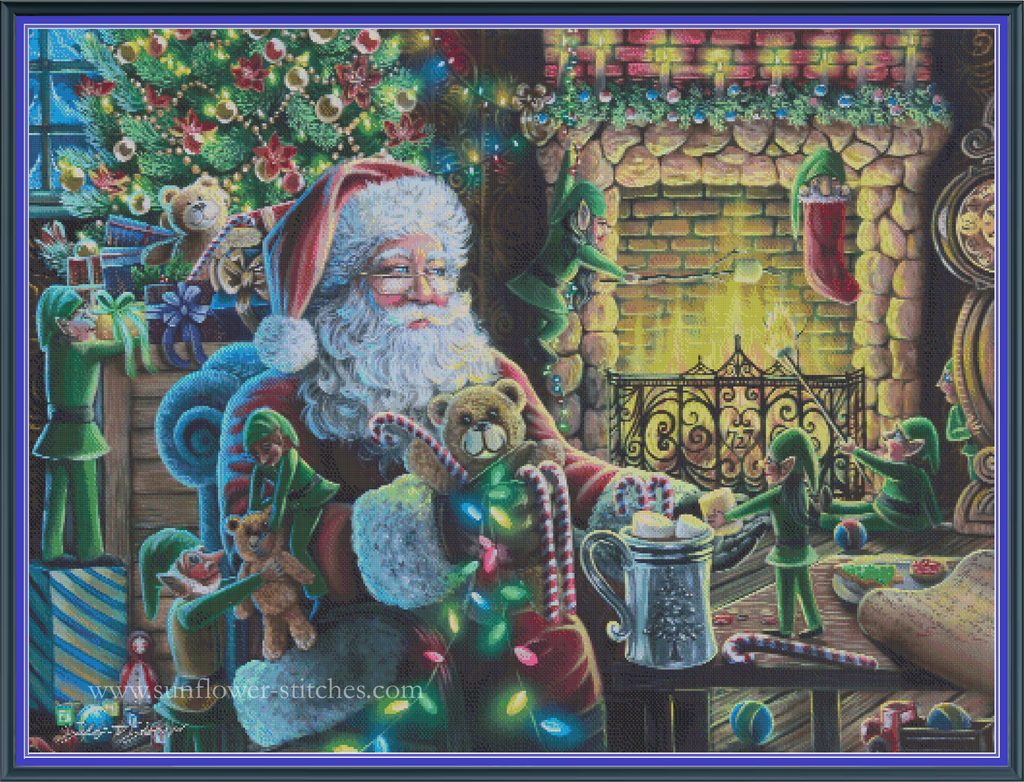 Mischief cross stitch pattern mockup featuring Santa Claus seated by a cosy stone fireplace surrounded by playful elves and Christmas decorations, artwork by Dakota Daetwiler.