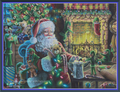 Mischief cross stitch pattern mockup featuring Santa Claus seated by a cosy stone fireplace surrounded by playful elves and Christmas decorations, artwork by Dakota Daetwiler.