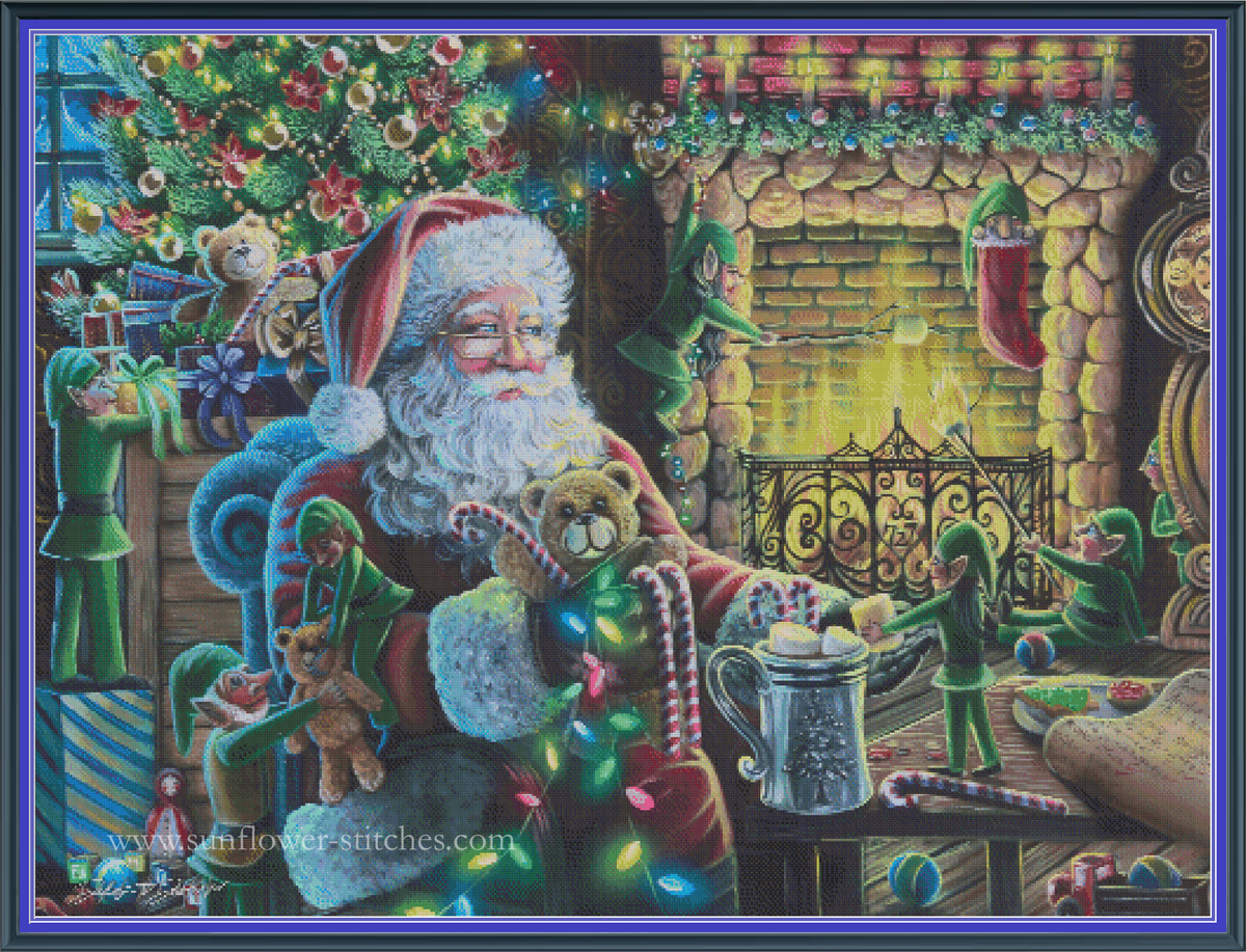 Mischief cross stitch pattern mockup featuring Santa Claus seated by a cosy stone fireplace surrounded by playful elves and Christmas decorations, artwork by Dakota Daetwiler.