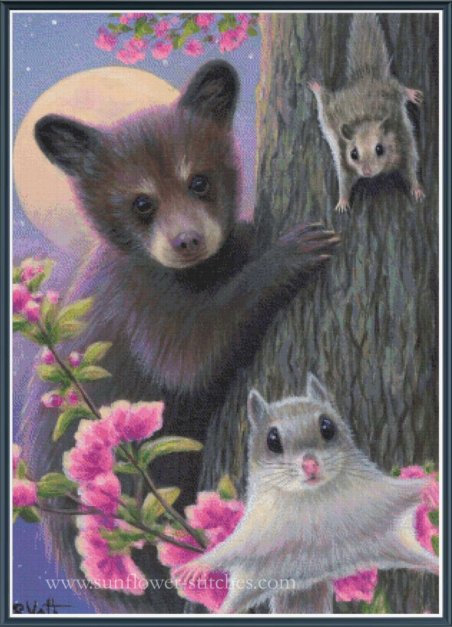 A cross stitch design featuring a dark brown bear cub climbing a tree next to two small gray opossums, with pink flowers and a pale moon in the background. 